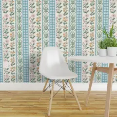 Peel & Stick Wallpaper 2FT Wide Floral Stripes Pink Green Blue Botanical Flowers Custom Removable Wallpaper by Spoonflower