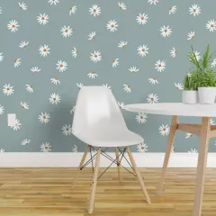 Peel & Stick Wallpaper 2FT Wide Dusty Blue Floral Ditsy Coneflower White Flowers Small Scale Boho Kids Whimsical Meadow Custom Removable Wallpaper by Spoonflower
