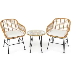 3 Pieces Rattan Furniture Set with Cushioned Chair Table White