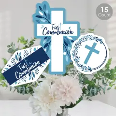 Big Dot of Happiness First Communion Blue Elegant Cross - Boy Religious Party Centerpiece Sticks - Table Toppers - Set of 15