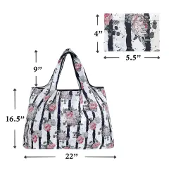 Large Foldable Tote Nylon Reusable Grocery Bags, Rose & Stripes