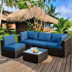 5 Pieces Cushioned Patio Rattan Furniture Set with Glass Table Navy