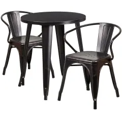 Emma and Oliver Commercial Grade 24" Round Metal Indoor-Outdoor Table Set with 2 Arm Chairs Black-Antique Gold