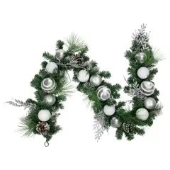 Northlight 6' Green Pine Needle Garland with Pinecones and Striped Christmas Ornaments, Unlit White