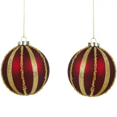 Northlight Beaded Stripes Christmas Glass Ball Ornaments - 4" - Burgundy and Gold - Set of 2 Red