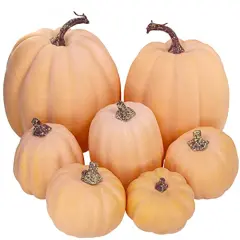 7 Pcs Assorted Sizes Artificial Fall Pumpkins Faux Orange Pumpkins Decorative Pumpkins Foam Pumpkins for Gifts Fall Baby Shower Wedding Thanksgiving Halloween Table Centerpiece Mantel Decor