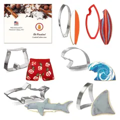 CookieCutter.Com - Surfs Up Cookie Cutter 6 Pc Set &ndash; 5.75 in Shark, 3.5 in Shark Fin, 5 in Surfboard, 5 in Surfboard with Bite, 3.5 in Swimming Trunks, 4.25 in Wave