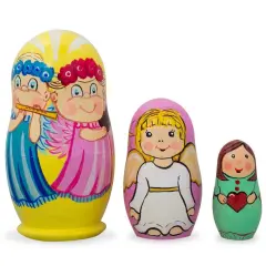 Set of 3 Guardian Angels with Flute, Heart Wooden Nesting Dolls 4.25 Inches