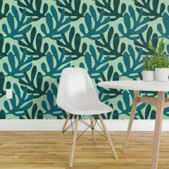 Pre-Pasted Wallpaper 2FT Wide Leaves Silhouette Green Monochrome Plant Botanical Nature Custom Pre-pasted Wallpaper by Spoonflower