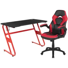 Emma and Oliver Gaming Desk and Racing Chair Set with Cup Holder and Headphone Hook Red