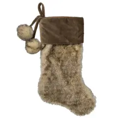 Northlight 20.5" Brown Plush Christmas Stocking with Corduroy Cuff and Pom Poms Beige