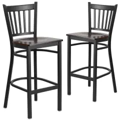 Emma and Oliver 2 Pack Vertical Back Metal Restaurant Barstool Walnut/BlackMetal