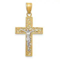 14K Two Tone Gold Diamond Cut Cross Crucifix Pendant Charm Jewelry 31 x 16 mm