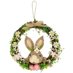 Northlight Spring Floral Easter Wreath with Peering Rabbit - 11" - Green and Pink Brown