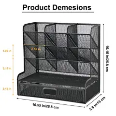 Mesh Desk/ Desktop Stationary Organizer, Multi-Functional Pen Holder, Storage Rack for School Home Office Art Supplies (Black Mesh Pen Holder with Drawer)