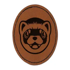 Cute Ferret Face Round Iron-On Engraved Faux Leather Patch Applique - 2.5" Brown