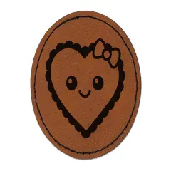 Cute Kawaii Heart with Bow Round Iron-On Engraved Faux Leather Patch Applique - 2.5" Brown