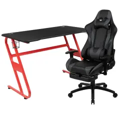 Emma and Oliver Desk Bundle-Gaming Desk, Cup Holder, Headphone Hook and Reclining Chair Gray