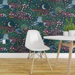 Pre-Pasted Wallpaper 2FT Wide Magical Garden Woodland Floral Whimsical Night Botanical Fireflies Moon Jewel Tone Custom Pre-pasted Wallpaper by Spoonflower