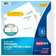 Avery Big Tab Printable Large White Label Dividers with Easy Peel, 5 Tabs, 4 Sets (14438)
