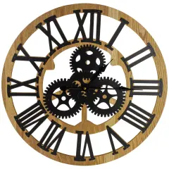 Northlight 24" Roman Numeral Battery Operated Round Wall Clock with Cogs Brown