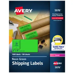 Avery 2"x 4" Neon Shipping Labels with Sure Feed, Neon Green Labels for Laser Printers, 1,000 Neon Labels (5976)