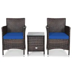 3 Pieces Patio Wicker Rattan Furniture Set with Steel Frame and Polyester Cushions Navy