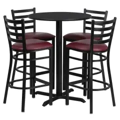 Emma and Oliver 30" Round Laminate Table Set with X-Base and 4 Ladder Back Stools BlackTop/BurgundyVYL