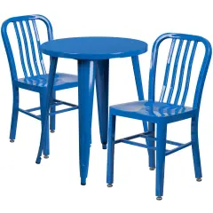 Emma and Oliver Commercial Grade 24" Round Metal Indoor-Outdoor Table Set & 2 Slat Back Chairs Blue