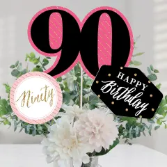 Big Dot of Happiness Chic 90th Birthday - Pink, Black and Gold - Birthday Party Centerpiece Sticks - Table Toppers - Set of 15