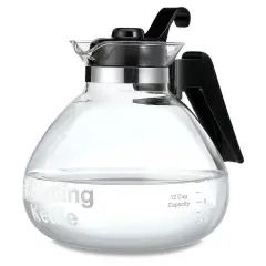 Cafe Brew Collection Clear Glass Whistling Tea Kettle, to Purely Brew Tea With No Metallic Taste or Other Carafe Flavors, 12 Cup Capacity