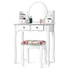 Makeup Vanity Table Set Girls Dressing Table with Drawers Oval Mirror White