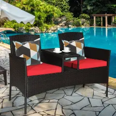 Costway Patio Rattan Conversation Set Loveseat Sofa Cushioned Coffee Table Turquois\Red