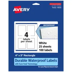 Avery Durable Waterproof Rectangle Labels with Sure Feed, 4" x 3"
