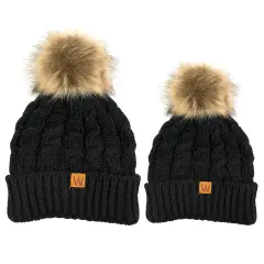 Wrapables Winter Warm Cable Knit Faux Fur Pom Pom Beanie Black