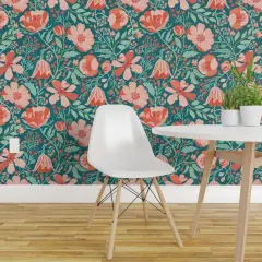 Pre-Pasted Wallpaper 2FT Wide Coral Chintz Blue Green Pink Jumbo Scale Magnolia Flower Botanical Garden Custom Pre-pasted Wallpaper by Spoonflower