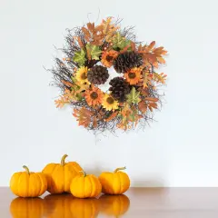 Northlight Sunflowers and Pinecones Artificial Fall Harvest Twig Wreath - 24" Orange