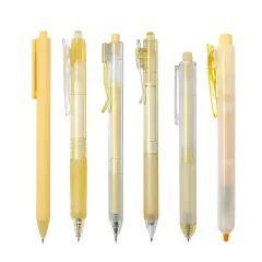 Wrapables Retractable Rollerball Pens and Highlighter Set, 0.5mm Black Gel Ink Pens for Home, Office, Stationery (Set of 6) Yellow