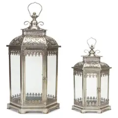 Melrose Set of 2 Antique Style Silver Decorative Glass Pillar Candle Lanterns 34"