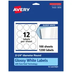 Avery Glossy White Round Labels with Sure Feed, 2.25" Diameter