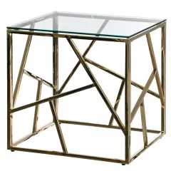 Modern Square End Side Table, Tempered Glass Top Metal Coffee Table Gold