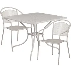 Emma and Oliver Commercial 35.5" Square Metal Garden Patio Table Set w/ 2 Round Back Chairs Light Gray