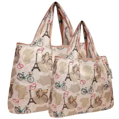 Wrapables Large & Small Foldable Tote Nylon Reusable Grocery Bags, Set of 2 Paris