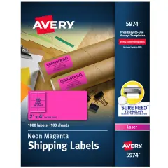 Avery 2"x 4" Neon Shipping Labels with Sure Feed, neon Pink labels for Laser Printers, 1,000 Neon Labels (5974)