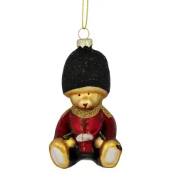 Northlight Glittered Teddy Bear Soldier Glass Christmas Hanging Ornament - 4" - Red and Black