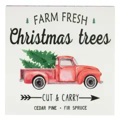 Northlight Farm Fresh Christmas Trees and Truck Wooden Wall Sign with Plaid Trim - 8" Red