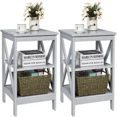 Nightstand 3-Tier X-Design with Storage Shelves Grey