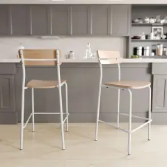 Emma and Oliver Blanchard Set of 2 Bar Stools with Metal Frames and Solid Wood Seats and Backs with Antique Finishes Antique White