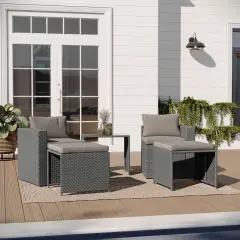 Merrick Lane Canzo Woven Rattan Modular Sofa Set for Indoor/Outdoor Use with Loveseat, Ottomans, and Tempered Glass Table GrayFabric/GrayFrame