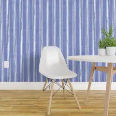 Pre-Pasted Wallpaper 2FT Wide Blue Summer Contemporary And White Vertical Stripes Thin Modern Beach Costal Boho Chic Custom Pre-pasted Wallpaper by Spoonflower